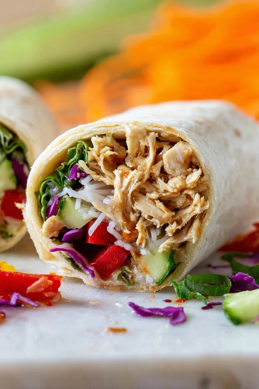 Chicken Teriyaki Wraps Recipe 6 A white tortilla lays flat on a white marbled surface with visible layers of food on top, starting with thin white noodles at the base. Above the noodles, there is a layer of golden brown cooked chicken pieces, followed by thin orange carrot strips and bright purple cabbage slices. Fresh green herbs, green onion slices, and a red chili pepper are placed on top, creating a colorful and fresh look. In the blurred background, there is a white can with blue and green text and some orange shredded vegetables. Photo taken with an iphone --ar 2:3 --v 7 - Chicken Teriyaki Wraps, easy chicken wraps, healthy lunch ideas, quick dinner recipes, flavorful wrap recipes