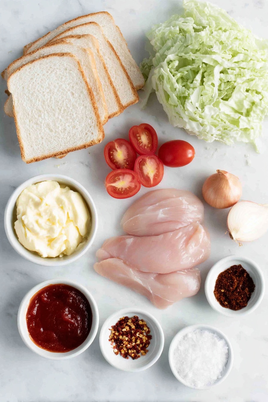 Flat lay of six slices of fresh white bread, a small heap of crisp green cabbage leaves, several ripe red tomato slices neatly arranged, a few thinly sliced pale purple shallots, a small white ceramic bowl of creamy mayonnaise, a small white ceramic bowl of vibrant red sriracha sauce, raw chicken breasts with a natural pink hue, a small white ceramic bowl containing dark brown sugar crystals, a small white ceramic bowl with reddish dried chili flakes, a small white ceramic bowl of glossy oyster sauce, a small white ceramic bowl of coarse salt, all ingredients fresh and natural, simple and balanced symmetrical layout, placed on a clean white marble surface, soft natural light, photo taken with an iPhone, professional food photography style, fresh ingredients, white ceramic bowls, no bottles, no duplicates, no utensils, no packaging --ar 2:3 --v 7 --p m7354615311229779997 - Thai Spicy Grilled Chicken Sandwich, Thai chicken sandwich, spicy grilled chicken sandwich, Thai-inspired sandwich recipes, easy grilled chicken sandwiches