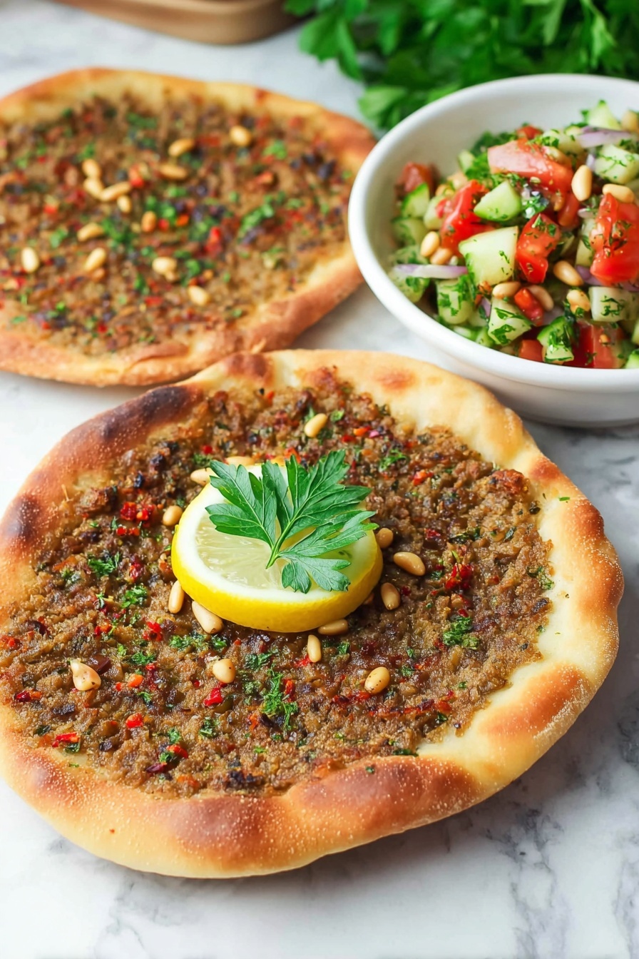 Two round flatbreads with crispy golden edges sit on a white marbled surface, each topped with a finely textured mix of ground meat and small red and purple vegetable bits scattered throughout. Light brown pine nuts are spread evenly over the meat layer. On the flatbread in front, there is a thin slice of lemon with fresh green parsley leaves on top, placed in the center. To the right, there is a white bowl filled with a chunky salad made of diced cucumbers, tomatoes, onions, and green herbs. In the background, blurred green parsley leaves add a fresh touch. photo taken with an iphone --ar 2:3 --v 7 - Turkish Lamb Lahmacun, Lamb Lahmacun, Turkish flatbread with lamb, Spiced lamb flatbread, Istanbul-inspired lamb dish