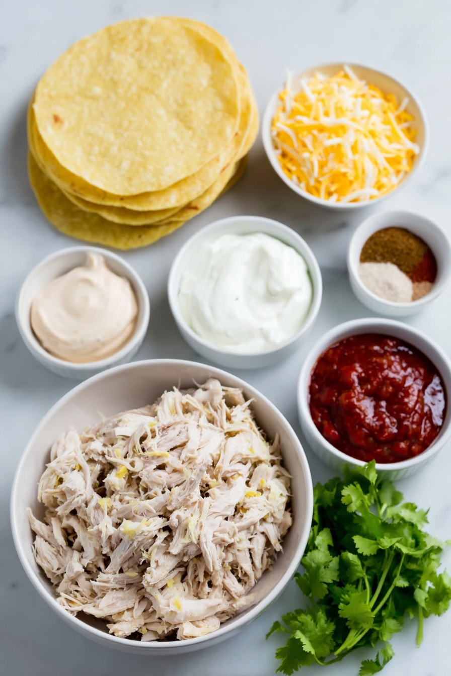 Flat lay of cooked shredded chicken piled in a simple white ceramic bowl, a small white bowl of creamy white cream cheese, a small white bowl filled with grated bright orange cheddar cheese, a small white bowl holding mild green chilis, a small white bowl with reddish-brown chili powder, a small white bowl of ground cumin, a small white bowl of pale garlic powder, a small white bowl of fine white salt, a neat stack of fresh yellow corn tortillas, a few bright green sprigs of fresh cilantro, a small white bowl of smooth white sour cream, a small white bowl of vibrant red mild salsa, and a small white bowl with pale pink sriracha cream sauce—all arranged symmetrically and evenly spaced on a clean white marble surface, soft natural light, photo taken with an iPhone, professional food photography style, fresh ingredients, white ceramic bowls, no bottles, no duplicates, no utensils, no packaging --ar 2:3 --v 7 --p m7354615311229779997 - Baked Chicken Taquitos with Sriracha Cream, Chicken Taquitos, Crispy Baked Taquitos, Sriracha Taquito Dip, Easy Chicken Taquito Recipe
