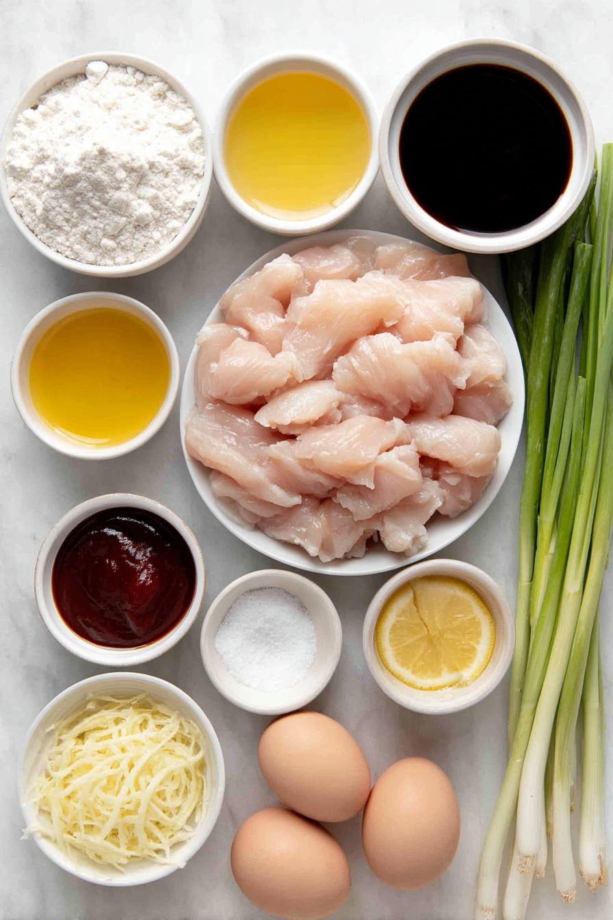 Flat lay of fresh raw chicken breast sliced into strips, a small pile of fine white cornflour in a simple white ceramic bowl, a small white bowl with smooth golden honey, a small white bowl containing thick dark soy sauce, a small white bowl with bright red sriracha sauce, a small white bowl holding pale yellow lemon juice, a small white bowl with light amber sesame oil, a small white bowl of finely minced garlic and ginger paste, two whole uncracked brown eggs, two fresh green spring onions with white bulbs, a small white bowl filled with fine white sugar, a small white bowl of white ground pepper, a small white bowl with light golden vegetable oil, all ingredients arranged in perfect symmetry on a clean white marble surface, soft natural light, photo taken with an iPhone, professional food photography style, fresh ingredients, white ceramic bowls, no bottles, no duplicates, no utensils, no packaging --ar 2:3 --v 7 --p m7354615311229779997 - Crispy Chilli Chicken, spicy crispy chicken recipe, Chinese-style chicken, easy fried chicken dishes, flavorful Asian chicken