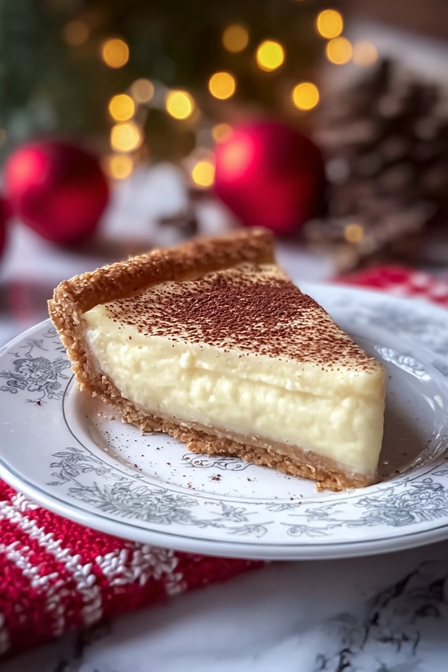 Cinnamon Vanilla Custard Pie Recipe 6 A white ceramic pie dish holds a creamy custard pie with a golden-brown, flaky crust around its edge. The pie has one slice removed, showing two layers: a thick, smooth, pale yellow custard on top and a thin, light brown crust at the bottom. The custard surface is sprinkled with a fine dusting of dark brown powder. A vintage silver fork lies in the empty section of the dish, resting on the white marbled surface underneath. Photo taken with an iphone --ar 2:3 --v 7 - Cinnamon Vanilla Custard Pie, Cinnamon Vanilla Custard Pie, comforting dessert, vanilla custard pie, easy pie recipes