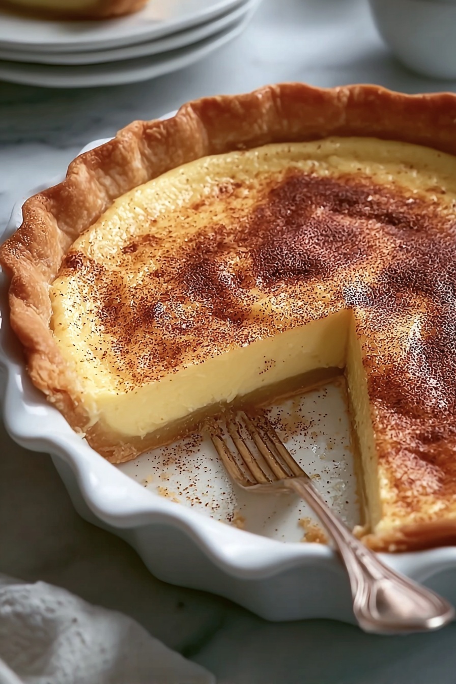 Cinnamon Vanilla Custard Pie Recipe 8 The image shows a slice of pie with two clear layers on a white plate: the bottom layer is dark brown and crumbly, while the top layer is a smooth, creamy yellow. On top of the slice is a swirl of white whipped cream sprinkled with light brown powder. Next to the pie slice are two cinnamon sticks. The background shows a blurry white cup and warm glowing lights with a white marbled surface underneath. photo taken with an iphone --ar 2:3 --v 7 - Cinnamon Vanilla Custard Pie, Cinnamon Vanilla Custard Pie, comforting dessert, vanilla custard pie, easy pie recipes