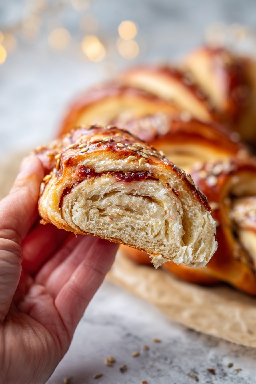 Ham and Cheese Puff Pastry Christmas Tree Recipe 8 The image shows a twisted bread shaped like a Christmas tree, made of layers of golden brown dough. The dough is twisted in several rows creating a textured, braided effect with a glossy, baked surface. Inside some twists, there is a thin red filling visible, likely a savory or sweet sauce. The top of the bread is sprinkled with mixed seeds in shades of brown, cream, and black, adding a crunchy texture. It is placed on a light parchment paper on a white marbled surface with a warm tone in the background. The shape and color make it look festive and homemade. photo taken with an iphone --ar 2:3 --v 7 - Ham and Cheese Puff Pastry Christmas Tree, festive holiday appetizer, easy holiday appetizers, Christmas party finger foods, savory puff pastry recipes