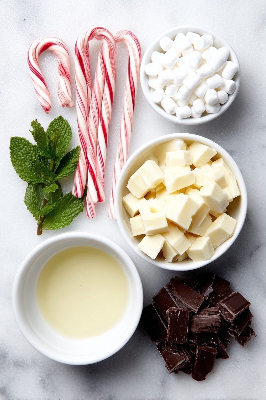 Double Chocolate Peppermint Fudge Recipe 7 Flat lay of a few whole peppermint candy canes, a small pile of crushed peppermint candy pieces, a small white ceramic bowl filled with mini marshmallows, a small white ceramic bowl with smooth sweetened condensed milk, a small white ceramic bowl holding clear pure vanilla extract, roughly chopped pieces of bittersweet chocolate arranged neatly, roughly chopped pieces of white chocolate displayed symmetrically, a few fresh sprigs of peppermint leaves placed decoratively, all ingredients set in perfect symmetry on simple white ceramic bowls and directly on the surface, placed on a clean white marble surface, soft natural light, photo taken with an iPhone, professional food photography style, fresh ingredients, white ceramic bowls, no bottles, no duplicates, no utensils, no packaging --ar 2:3 --v 7 --p m7354615311229779997 - Double Chocolate Peppermint Fudge, peppermint chocolate fudge, holiday chocolate fudge, creamy peppermint dessert, festive fudge recipe