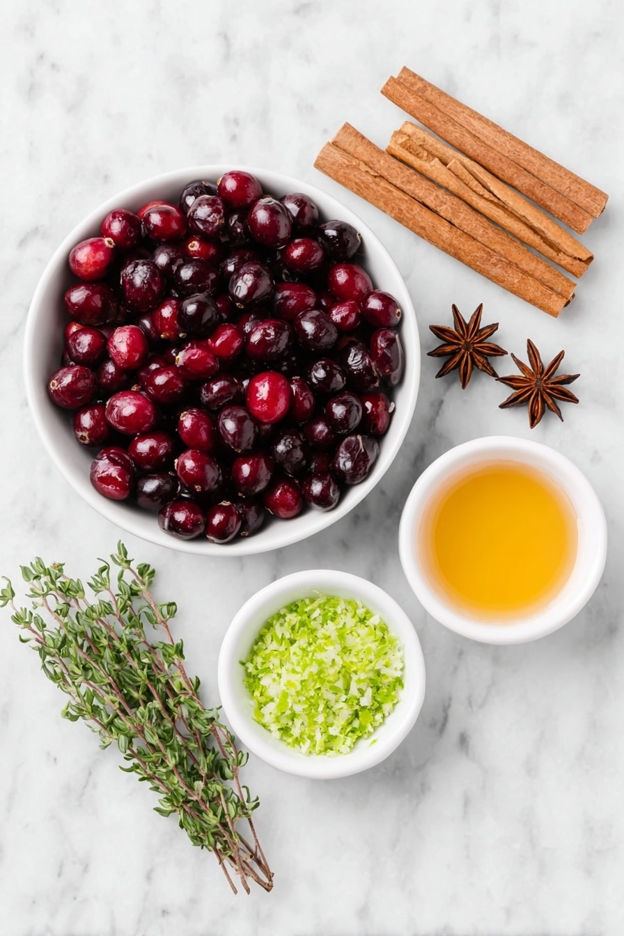 Festive Non-Alcoholic Cranberry Punch Recipe 7 Flat lay of a small white ceramic bowl of deep red fresh cranberries, a few whole cinnamon sticks arranged neatly, six whole star anise pods, five fresh thyme sprigs with vibrant green leaves, a small white bowl filled with bright orange orange juice, a small white bowl holding light red cranberry juice, a small white bowl with golden ginger ale liquid, a small white bowl with finely grated green lime zest, all placed symmetrically on a clean white marble surface, soft natural light, photo taken with an iPhone, professional food photography style, fresh ingredients, white ceramic bowls, no bottles, no duplicates, no utensils, no packaging --ar 2:3 --v 7 --p m7354615311229779997 - Festive Non-Alcoholic Cranberry Punch, non-alcoholic holiday punch, cranberry orange punch, holiday party drinks, festive mocktail recipe