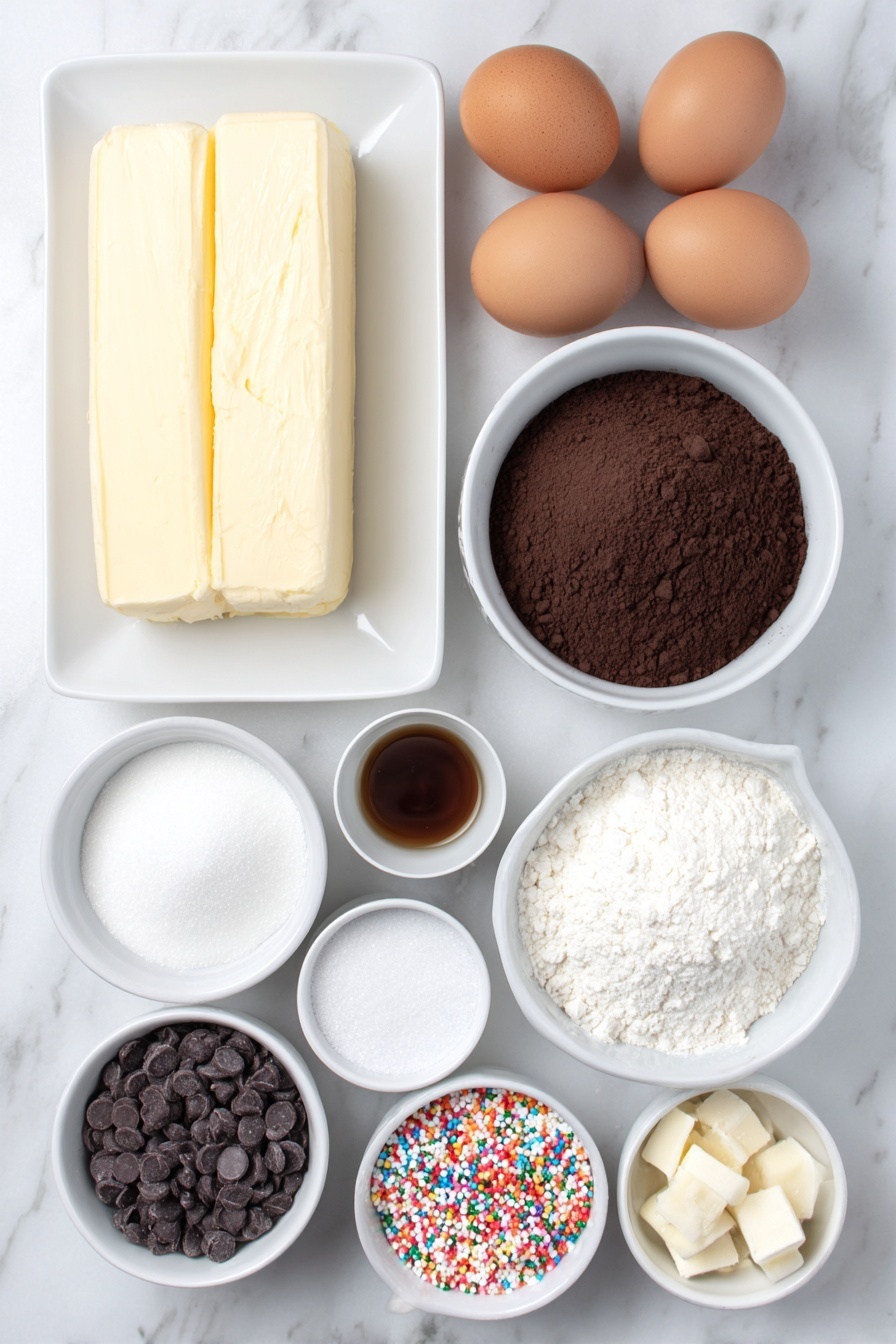 Flat lay of unsalted butter sticks arranged neatly, a small white ceramic bowl filled with granulated sugar, four whole uncracked brown eggs, a small white bowl with clear vanilla extract, a small white bowl of all-purpose flour, a small white bowl of unsweetened cocoa powder, a small white bowl of baking powder, a small white bowl of salt, a small white bowl of semi-sweet chocolate chips, three small white bowls each containing melted candy melts in red, green, and white, and a small white bowl of assorted mini candy bows and colorful holiday sprinkles, all placed on a clean white marble surface, soft natural light, photo taken with an iPhone, professional food photography style, fresh ingredients, white ceramic bowls, no bottles, no duplicates, no utensils, no packaging --ar 2:3 --v 7 --p m7354615311229779997 - Festive Christmas Brownie Gifts, Christmas brownie ideas, holiday brownie gifts, festive holiday dessert, Christmas treat inspiration