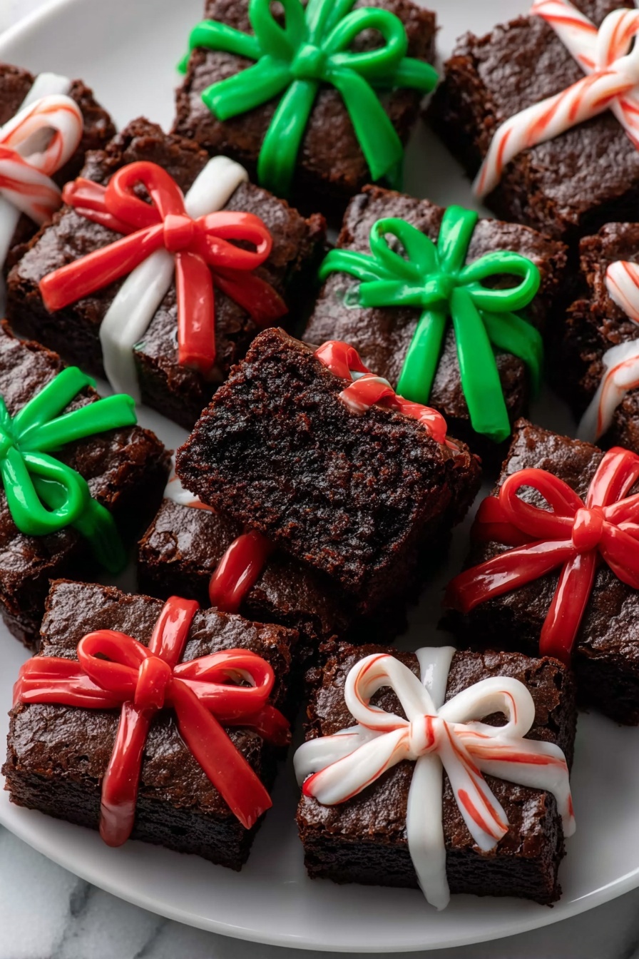 Square pieces of rich, dark brown brownie are arranged closely together on a white plate, each decorated like a small gift box. On top of each brownie, there are smooth, shiny icing ribbons in bright red, green, and white, with some tied into bows while others look like simple crossed stripes. One brownie near the center is turned sideways showing its dense, moist texture inside. The plate sits on a white marbled surface, and the overall look is festive and colorful with the vibrant ribbons standing out against the dark brownies. photo taken with an iphone --ar 2:3 --v 7 - Festive Christmas Brownie Gifts, Christmas brownie ideas, holiday brownie gifts, festive holiday dessert, Christmas treat inspiration