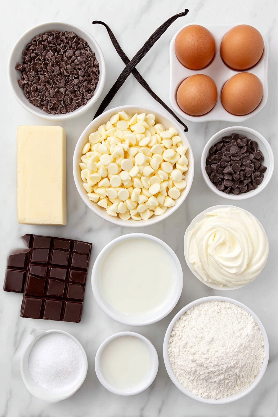 White Chocolate Mousse Cake Recipe 7 Flat lay of white chocolate chips in a small white ceramic bowl, heavy cream in a separate small white ceramic bowl, a few sprigs of fresh vanilla bean pod with seeds visible, a small white ceramic bowl of powdered sugar, a pinch of fine salt in a tiny white ceramic dish, two unsalted butter sticks arranged side by side, three large whole brown eggs with clean shells, a small pile of cake flour on a white ceramic plate, a small white ceramic bowl with baking powder, a small white ceramic bowl with fine salt, a small white ceramic bowl filled with full-fat sour cream, a small white ceramic bowl with vegetable oil, and a small white ceramic bowl with melted white chocolate placed neatly and symmetrically, placed on a clean white marble surface, soft natural light, photo taken with an iPhone, professional food photography style, fresh ingredients, white ceramic bowls, no bottles, no duplicates, no utensils, no packaging --ar 2:3 --v 7 --p m7354615311229779997 - White Chocolate Mousse Cake, white chocolate mousse, layered cake recipes, elegant desserts, creamy cake