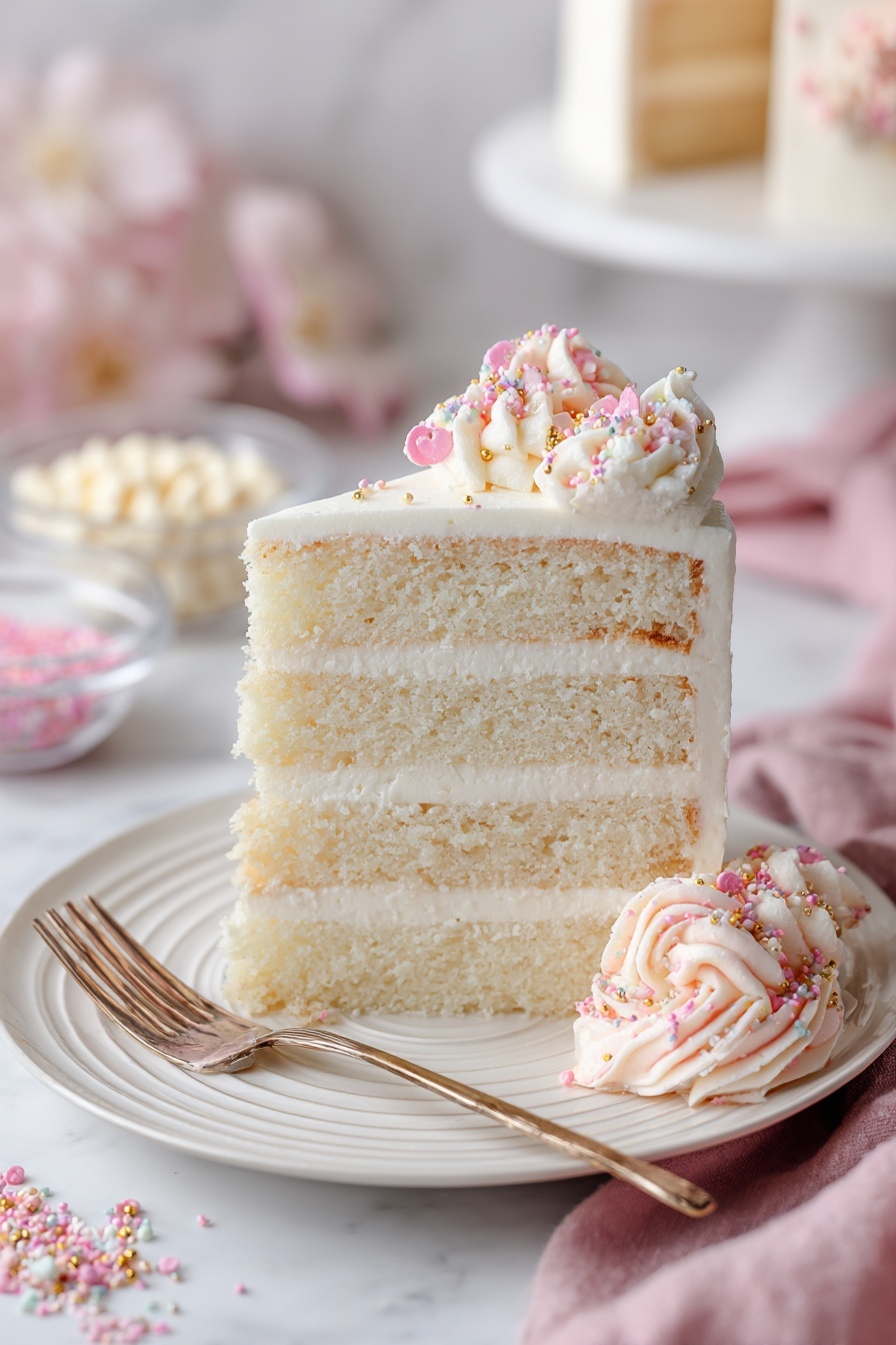 White Chocolate Mousse Cake Recipe 6 The image shows a white layered cake with a soft and fluffy texture, placed on a white plate with subtle ridges on the edge. The cake has three visible layers of pale cream-colored sponge separated by white cream frosting. The outside of the cake is also covered with smooth white frosting and decorated with piped swirls along the side. In front of the plate, a golden spoon holds a piece of cake showing the same three sponge layers and white frosting in between. The background is a white marbled surface with scattered small white, pink, and gold sprinkles. Photo taken with an iphone --ar 2:3 --v 7 - White Chocolate Mousse Cake, white chocolate mousse, layered cake recipes, elegant desserts, creamy cake