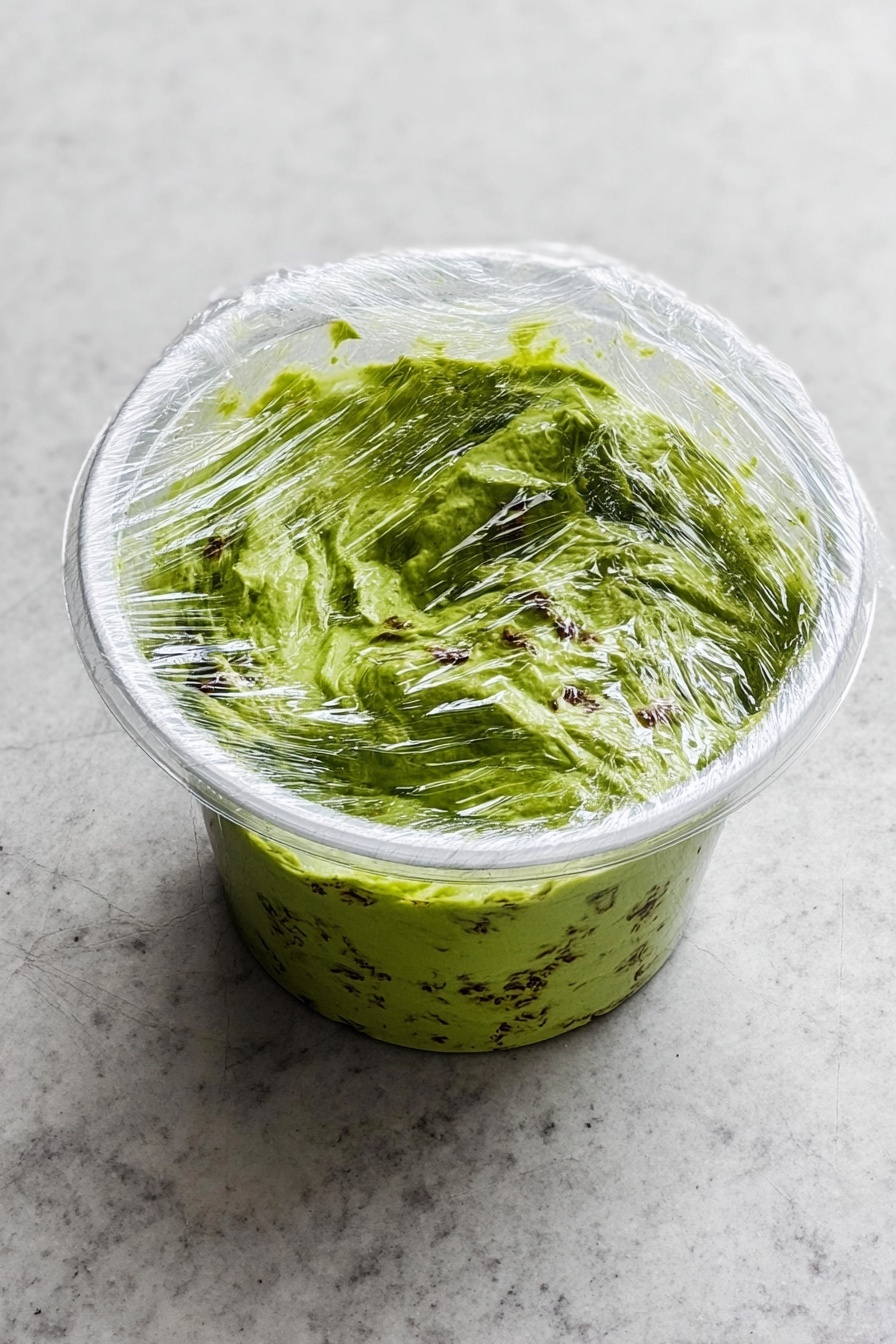 Creamy Avocado Guacamole Recipe 8 A clear plastic container sits on a white marbled surface, filled with a bright green mixture that appears creamy with small darker green and brown specks spread throughout. The container is lined with shiny plastic wrap that is loosely covering the green mixture, creating wrinkles and reflections on the surface. The texture of the mixture looks smooth but uneven with some raised areas and swirls. The background is simple and light, putting full focus on the container and its vibrant green contents. photo taken with an iphone --ar 2:3 --v 7 - Creamy Avocado Guacamole, easy guacamole dip, healthy avocado snack, fresh homemade guacamole, step-by-step guacamole recipe