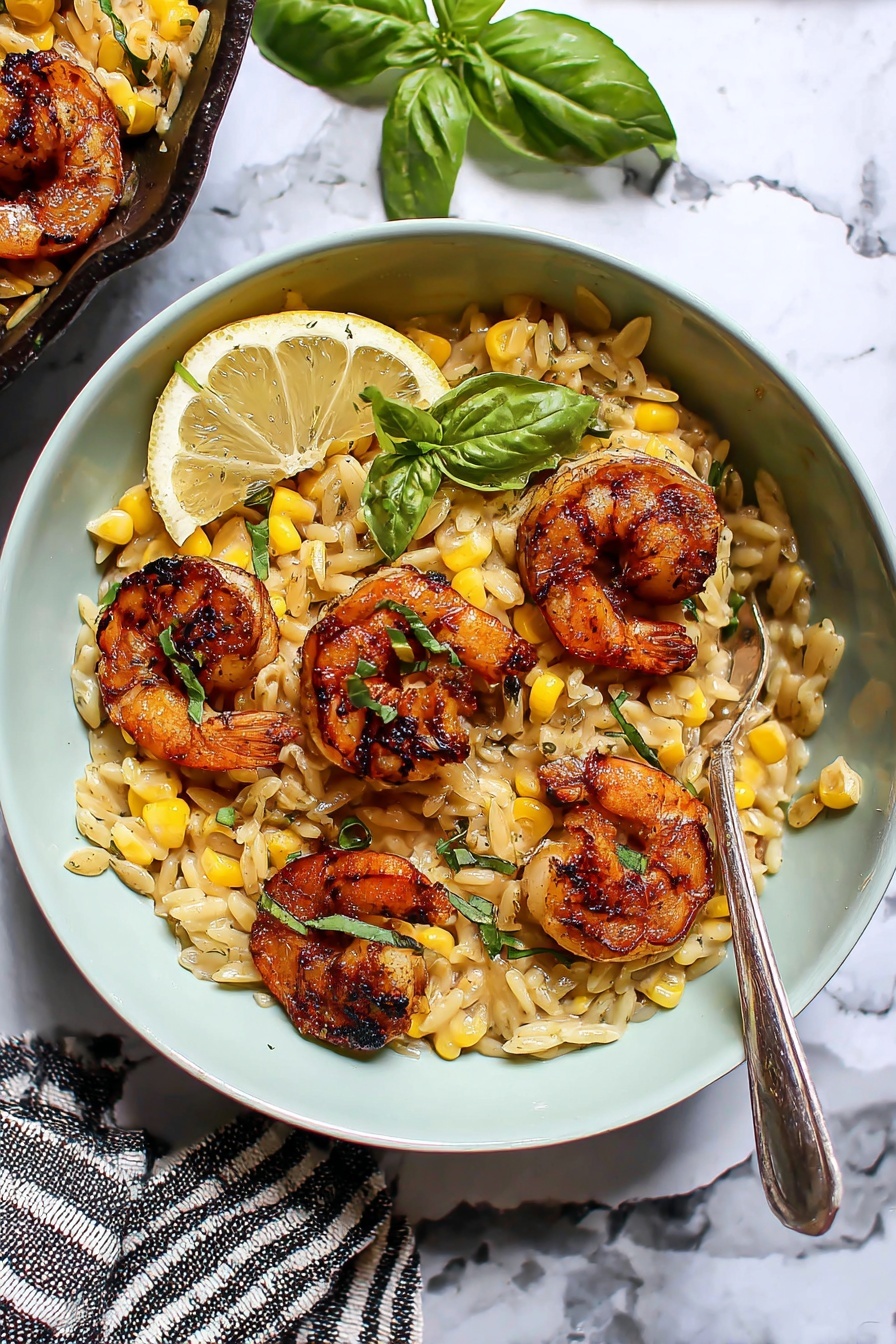 Creamy Shrimp and Corn Orzo Skillet Recipe 6 A white bowl filled with a creamy orzo pasta mixed with yellow corn kernels and light green herbs, topped with five large, browned grilled shrimp arranged evenly around the bowl. On the left side inside the bowl, there is a wedge of lemon. A few fresh basil leaves are placed in the center for garnish, and a silver spoon is partially placed inside the bowl on the right side. The bowl sits on a white marbled surface, and part of a striped cloth is visible at the bottom left corner. Photo taken with an iphone --ar 2:3 --v 7 - Creamy Shrimp and Corn Orzo Skillet, shrimp and corn skillet recipe, creamy seafood pasta, one-pan shrimp and orzo, easy seafood skillet