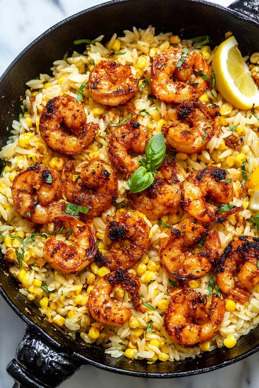 Creamy Shrimp and Corn Orzo Skillet Recipe 8 A black cast iron pan filled with a base layer of pale yellow orzo pasta mixed with roasted corn kernels showing bright yellow and slight charred spots, scattered with bits of green herbs, topped by a layer of well-seasoned, charred shrimp that are orange with dark grill marks. Among the shrimp and pasta, there are fresh basil leaves adding bright green color and a lemon wedge visible on the side adding a light yellow touch. The dish sits on a white marbled surface. Photo taken with an iphone --ar 2:3 --v 7 - Creamy Shrimp and Corn Orzo Skillet, shrimp and corn skillet recipe, creamy seafood pasta, one-pan shrimp and orzo, easy seafood skillet
