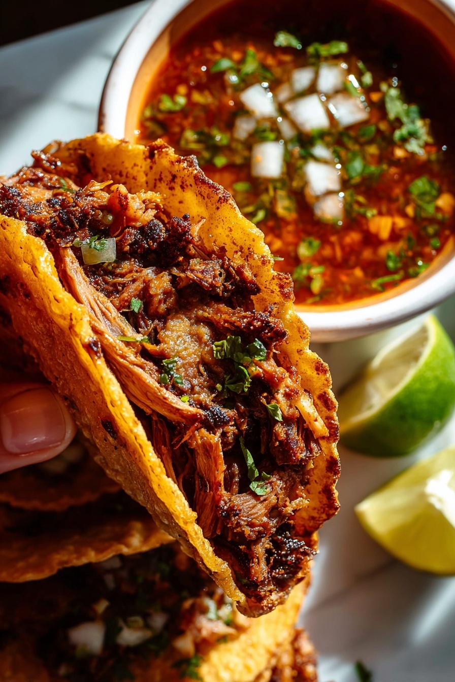 Authentic Birria Tacos Recipe 8 A close-up view shows a woman's hand holding a taco with one layer of crunchy, golden-brown taco shell filled with a second layer of juicy, shredded meat that has dark caramelized edges. Behind the taco, there is a white bowl filled with a red-colored sauce topped with finely chopped green herbs and white onion bits. In the background, more tacos rest on a white surface with a lime wedge next to them, all placed on a white marbled texture. The image is bright, with warm sunlight emphasizing the golden and reddish tones of the food. photo taken with an iphone --ar 2:3 --v 7 - Authentic Birria Tacos, Birria Tacos Recipe, Mexican Birria Tacos, How to Make Birria Tacos, Best Birria Tacos