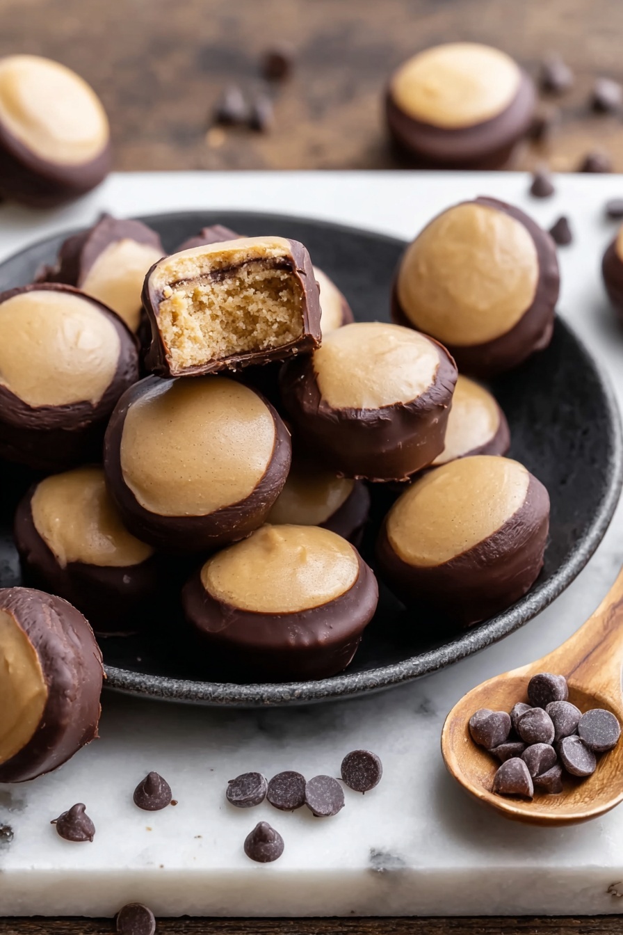 Easy Homemade Buckeyes Chocolate Peanut Butter Candy Recipe 6 The image shows several small round treats stacked in a black plate on a white marbled surface. Each treat has two layers: a smooth, light brown top layer with a slightly glossy texture, and a dark brown bottom layer that looks like chocolate coating. One treat on top of the stack is bitten, revealing a soft, crumbly light brown inside. Some additional treats are placed around the plate on the surface, with one treat resting in a wooden spoon held by a woman's hand. There are scattered dark brown chocolate chips around the treats on the surface. photo taken with an iphone --ar 2:3 --v 7 - Easy Homemade Buckeyes, chocolate peanut butter candy, homemade buckeye recipe, peanut butter chocolate treats, simple buckeye candies