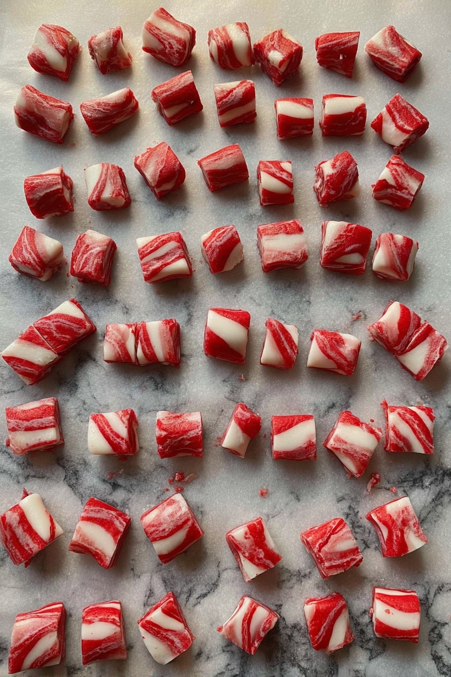 Easy Homemade Peppermint Butter Mints Recipe 6 The image shows many small red and white twisted dough pieces arranged in rows on a sheet of parchment paper. Each piece is a small square or chunk displaying a marbled pattern of red and white swirls, resembling candy or twisted pasta dough. The pieces are uneven in size but generally consistent in shape, spread out evenly over the parchment. The background surface is a white marbled texture. Photo taken with an iphone --ar 2:3 --v 7 - Easy Homemade Peppermint Butter Mints, peppermint butter mints, holiday homemade candies, festive peppermint treats, soft peppermint mints