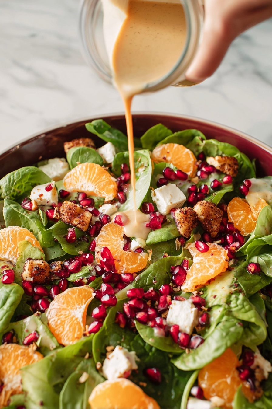 Festive Mandarins and Pomegranate Salad Recipe 8 A fresh salad sits on a white marbled surface, showing multiple layers starting with dark green leafy spinach and lighter green lettuce spread all over. Bright orange mandarin slices are placed evenly on top, along with scattered red pomegranate seeds that add a vibrant pop of color. Small chunks of white cheese and crispy brown nuts are sprinkled across the salad, giving texture variety. A jar tilted above pours a thick, light tan dressing right onto the center, coating some leaves and pomegranate seeds. Woman's hand holds the jar, visible in the top right corner. photo taken with an iphone --ar 2:3 --v 7 - Festive Mandarins and Pomegranate Salad, holiday citrus salad, Christmas fruit salad, healthy holiday side dish, colorful fruit salad