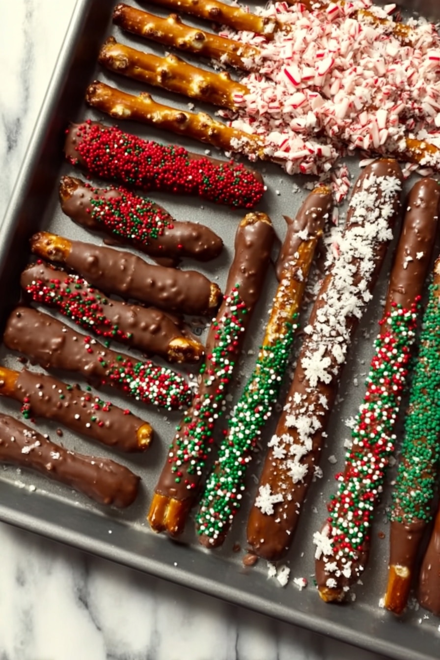 Festive Chocolate Dipped Pretzel Rods Recipe 6 The image shows a baking tray with about ten pretzel sticks, each dipped halfway in smooth, shiny chocolate. Some pretzel sticks are covered with different types of colorful sprinkles: red, green, white tiny beads, and white snowflake shapes, while a few sticks are left plain with just chocolate coating. One corner of the tray holds pretzels topped with crushed candy canes in red and white, creating a rough texture. The background is a white marbled surface, and the overall look is festive and neat, with the pretzel sticks lined up in rows. Photo taken with an iphone --ar 2:3 --v 7 - Festive Chocolate Dipped Pretzel Rods, holiday pretzel treats, chocolate coated pretzels, Christmas snack ideas, easy holiday desserts