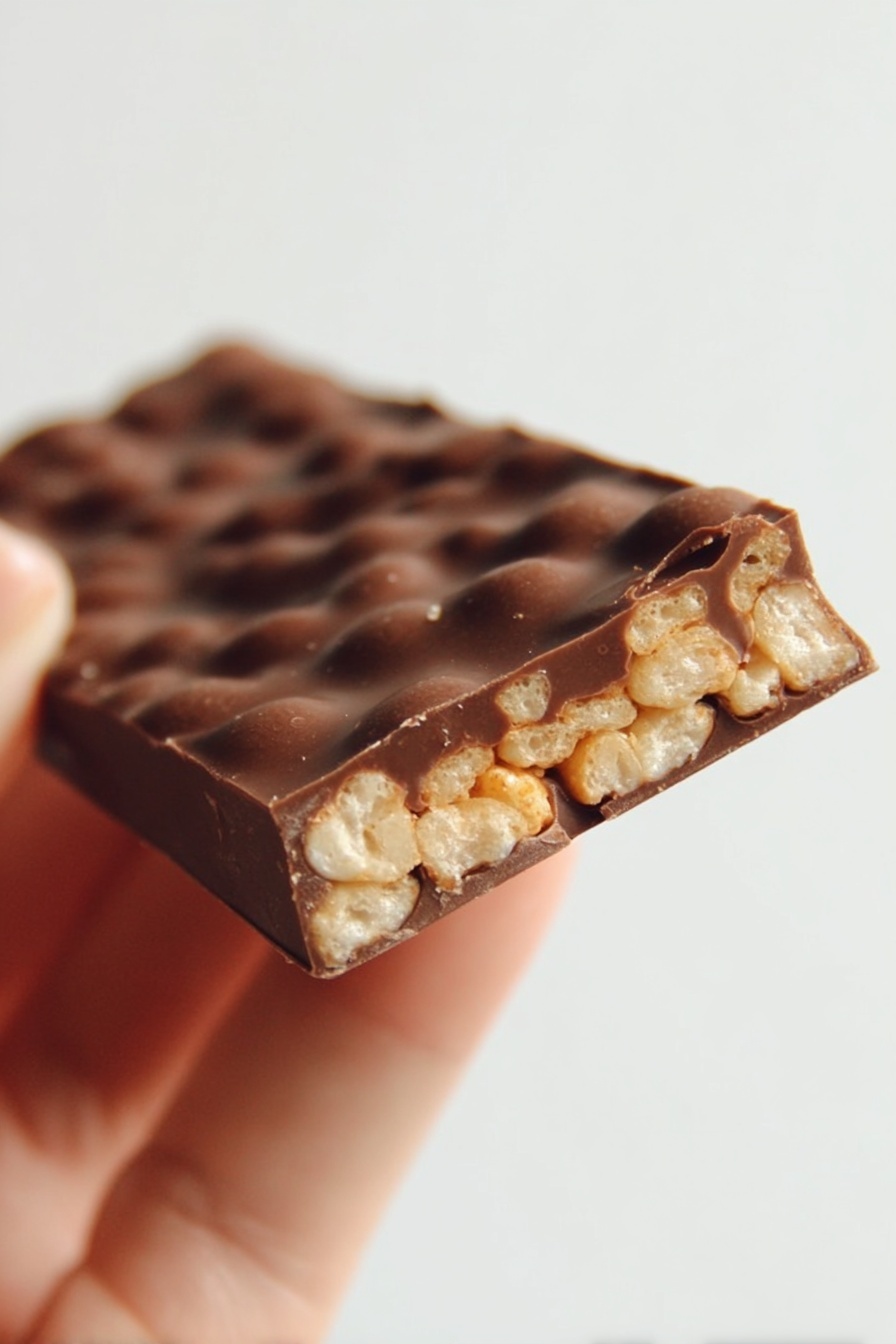 Chocolate Caramel Pretzel Bars Recipe 6 A close-up image of a thin rectangular chocolate bar held by a woman's hand, showing two visible layers: the bottom layer is light beige with a crunchy texture and small puffed cereal pieces embedded inside, while the top layer is smooth, dark brown chocolate with slight uneven ripples on the surface, all set against a plain white background. photo taken with an iphone --ar 2:3 --v 7 - Chocolate Caramel Pretzel Bars, chocolate caramel pretzel bars, salty sweet pretzel bars, easy dessert bars, homemade caramel pretzel bars