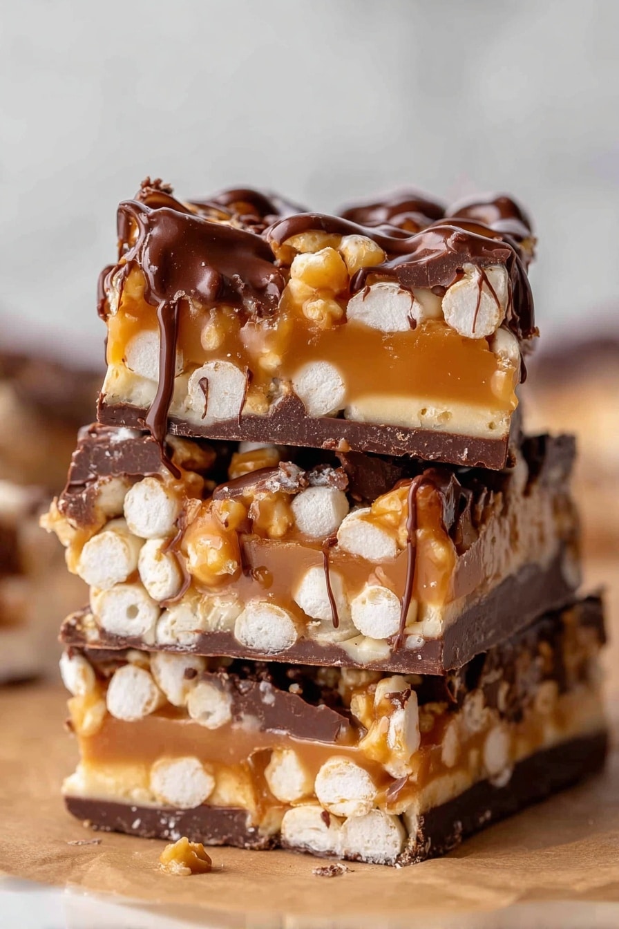 Salted Caramel Pretzel Bark Recipe 8 A stack of three thick squares of a sweet treat with three clear layers: the bottom is a dark brown chocolate base, the middle is a smooth light caramel layer filled with small white round puffs, and the top is a drizzle of dark brown chocolate with some caramel dripping down the sides. The edges show the crunchy white puffs embedded inside the caramel, creating a bumpy texture. The pieces are stacked unevenly on a brown parchment paper, with a soft white marbled background blurred behind. photo taken with an iphone --ar 2:3 --v 7 - Salted Caramel Pretzel Bark, Salted Caramel Pretzel Bark Recipe, Easy Salted Caramel Bark, No-Bake Caramel Pretzel Treat, Crunchy Salted Caramel Dessert