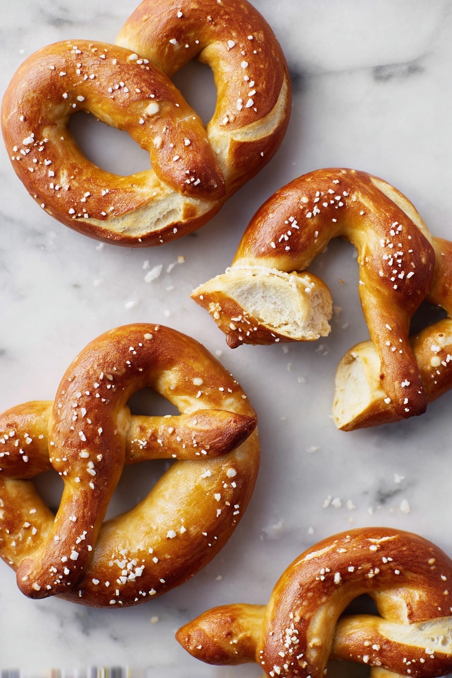 Homemade Pretzels Recipe 8 The image shows three soft pretzels with a golden brown crust sprinkled with coarse salt, placed on a white marbled surface. Two pretzels are whole with their classic twisted shape, showing smooth, shiny baked dough with visible texture from the salt. The third pretzel is broken into three pieces, revealing a fluffy, light inside that contrasts with the darker crust. The arrangement is simple, with some salt granules scattered lightly around. The lighting highlights the glossiness and warm color of the pretzels. photo taken with an iphone --ar 2:3 --v 7 - Homemade Pretzels, Pretzels Recipe, How to Make Pretzels, Easy Pretzel Recipe, Soft and Chewy Pretzels