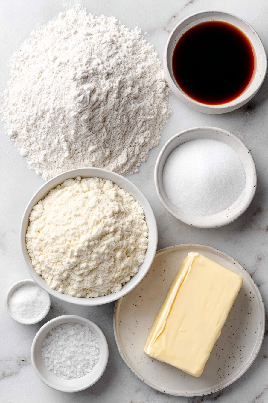 Easy Homemade Pretzels Recipe 7 Flat lay of a small mound of unbleached all-purpose flour dusted lightly with flour, a small white ceramic bowl of warm water, a packed white ceramic bowl of active dry yeast granules, a small white ceramic bowl with a dark amber pool of barley malt syrup, a slab of salted butter with a slight sheen, a small white ceramic bowl of coarse pretzel salt crystals, a small white ceramic bowl filled with baking soda powder, and a small white ceramic bowl of clear boiling water placed symmetrically on a clean white marble surface, soft natural light, photo taken with an iPhone, professional food photography style, fresh ingredients, white ceramic bowls, no bottles, no duplicates, no utensils, no packaging --ar 2:3 --v 7 --p m7354615311229779997 - Easy Homemade Pretzels, homemade pretzels recipe, how to make pretzels at home, crispy chewy pretzels, simple pretzel baking