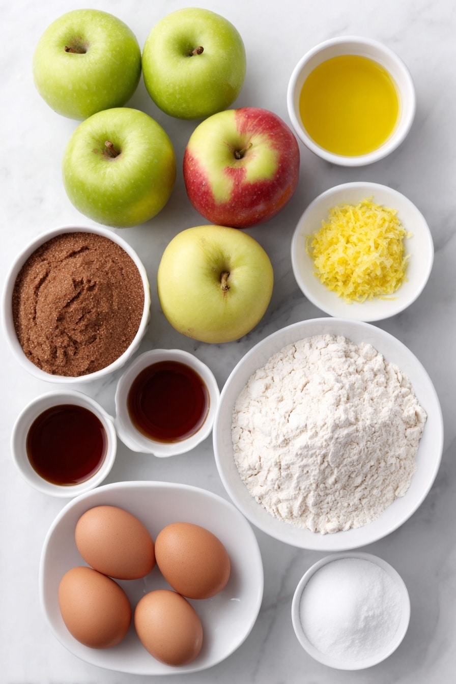 Perfect Apple Pie Recipe 7 Flat lay of a small heap of Granny Smith apples, a few Gala apples, and a couple of Golden Delicious apples all whole and fresh, a small white ceramic bowl with lemon zest, another with fresh lemon juice, a small white bowl filled with packed brown sugar, a separate small white bowl with granulated sugar, a small white bowl of all-purpose flour, a small white bowl containing kosher salt, a tiny white bowl with ground cinnamon, a smaller white bowl holding ground nutmeg, a tiny white bowl with ground cardamom, a small white bowl of vanilla extract, a small white bowl with whole uncracked brown eggs, and a simple white ceramic plate holding two sheets of smooth, rolled-out pie dough, placed on a clean white marble surface, soft natural light, photo taken with an iPhone, professional food photography style, fresh ingredients, white ceramic bowls, no bottles, no duplicates, no utensils, no packaging --ar 2:3 --v 7 --p m7354615311229779997 - Perfect Apple Pie, homemade apple pie, easiest apple pie recipe, flaky apple pie crust, caramelized apple filling