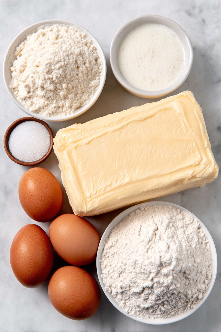 Melt-in-Your-Mouth Danish Butter Cookies Recipe 7 Flat lay of a small mound of European salted butter, a small white ceramic bowl of granulated sugar, a few grains of coarse salt scattered, two whole uncracked brown eggs, a small white ceramic bowl with pale golden vanilla extract, a small white ceramic bowl with whole milk, a small white ceramic bowl heaped with all-purpose flour, a small white ceramic bowl containing cake flour, and a small white ceramic bowl filled with coarse sugar crystals, all arranged symmetrically on a clean white marble surface, soft natural light, photo taken with an iPhone, professional food photography style, fresh ingredients, white ceramic bowls, no bottles, no duplicates, no utensils, no packaging --ar 2:3 --v 7 --p m7354615311229779997 - Melt-in-Your-Mouth Danish Butter Cookies, Danish Butter Cookies, Buttery Cookies, Elegant Cookie Recipes, Easy Danish Cookies