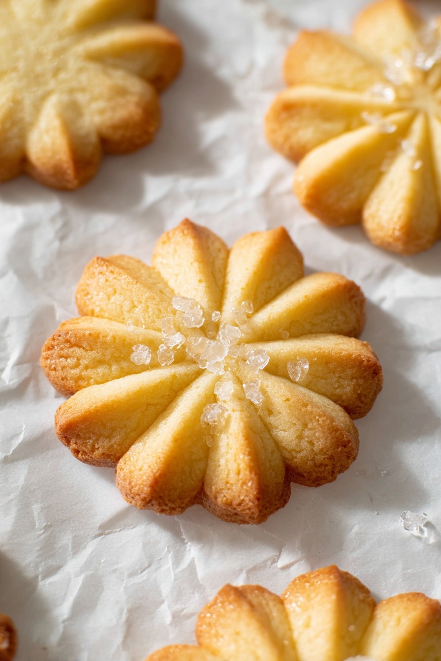 Melt-in-Your-Mouth Danish Butter Cookies Recipe 6 The image shows a close-up of a single flower-shaped cookie with thick, slightly curved petals radiating outward from a small raised center. The cookie is light golden brown with slightly darker edges and topped with scattered large sugar crystals that catch the light. It rests on crumpled white baking paper with other similar cookies blurred in the background, all set on a white marbled surface. The texture of the cookie looks soft but firm, with gentle shadows adding depth to the petal shapes. Photo taken with an iphone --ar 2:3 --v 7 - Melt-in-Your-Mouth Danish Butter Cookies, Danish Butter Cookies, Buttery Cookies, Elegant Cookie Recipes, Easy Danish Cookies