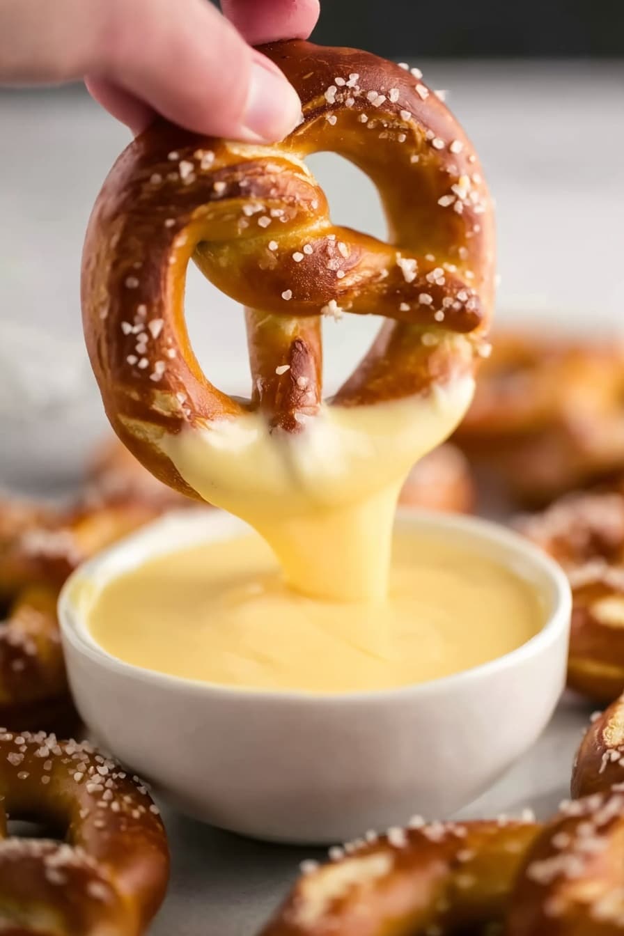 Cheddar Cheese Dip for Pretzels Recipe 6 A close-up of a golden brown pretzel with coarse salt sprinkled on top being dipped into a smooth, creamy yellow cheese sauce in a small white bowl. The woman's hand holds the pretzel from the top, and the cheese sauce clings and stretches as the pretzel is dipped. In the background, there is a white marbled surface with more pretzels blurred out, creating a warm and inviting feel. The lighting highlights the soft texture of the pretzel and the glossy cheese sauce. photo taken with an iphone --ar 2:3 --v 7 - Cheddar Cheese Dip for Pretzels, easy cheddar cheese dip, creamy pretzel dip recipe, cheesy snack dip, quick party dip