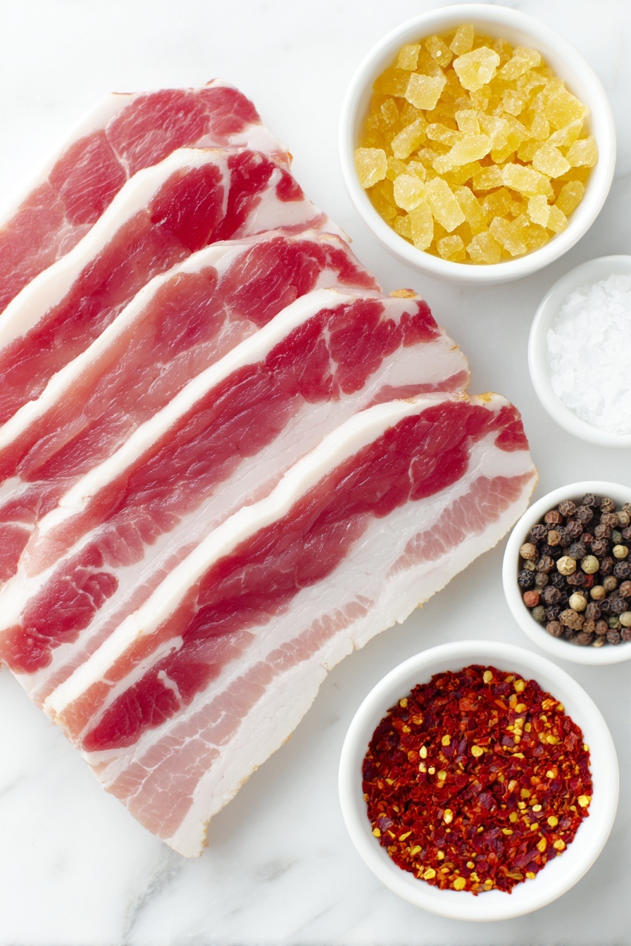 Crispy Candied Bacon with Spicy Glaze Recipe 7 Flat lay of thick-cut raw bacon slices arranged neatly, a small white ceramic bowl filled with golden brown sugar crystals, a small white ceramic bowl containing cracked black peppercorns, a small white ceramic bowl with vibrant red crushed red pepper flakes, and a small white ceramic bowl holding fine cayenne pepper powder, all ingredients fresh and natural, placed on a clean white marble surface, soft natural light, photo taken with an iPhone, professional food photography style, fresh ingredients, white ceramic bowls, no bottles, no duplicates, no utensils, no packaging --ar 2:3 --v 7 --p m7354615311229779997 - Crispy Candied Bacon with Spicy Glaze, spicy candied bacon, sweet and spicy bacon, crispy bacon recipes, bacon appetizer ideas