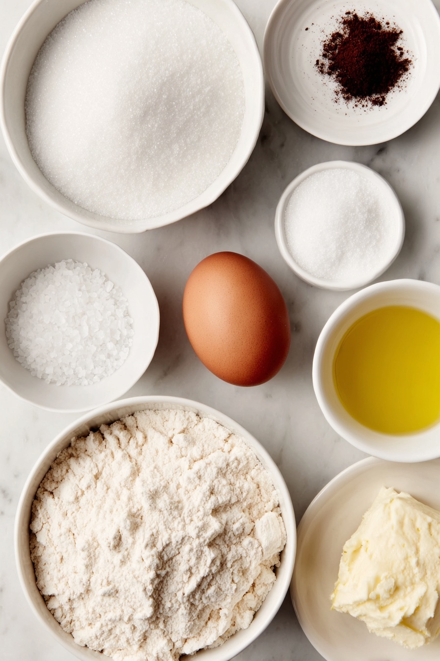 Homemade Soft Pretzel Twists Recipe 7 Flat lay of a small white ceramic bowl of warm water, a heaping tablespoon of white granulated sugar on a simple white plate, a small pile of coarse kosher salt on a white dish, a small mound of active dry yeast granules on a white bowl, a mound of all-purpose flour on a white plate, a small white bowl with melted golden butter, a small white bowl filled with clear vegetable oil, a large white ceramic bowl filled with fresh water, a small white bowl holding white baking soda powder, a single large brown egg with clean uncracked shell resting next to a white bowl with clear water, all ingredients arranged symmetrically and evenly spaced, placed on a clean white marble surface, soft natural light, photo taken with an iPhone, professional food photography style, fresh ingredients, white ceramic bowls, no bottles, no duplicates, no utensils, no packaging --ar 2:3 --v 7 --p m7354615311229779997 - Homemade Soft Pretzel Twists, soft pretzel recipe, homemade pretzels, easy pretzel twists, best pretzel snack