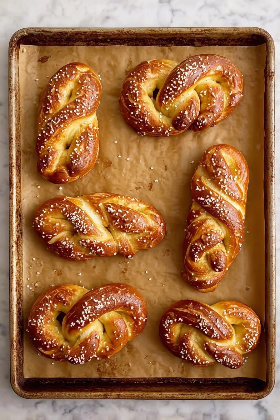 Homemade Soft Pretzel Twists Recipe 6 There are six twisted pretzels on a baking tray lined with brown parchment paper. Each pretzel has a deep golden-brown color with a shiny surface and coarse white salt sprinkled on top. The pretzels are arranged in two rows with three pretzels each. The tray has a slightly worn look with some stains at the edges. The background is a white marbled texture. photo taken with an iphone --ar 2:3 --v 7 - Homemade Soft Pretzel Twists, soft pretzel recipe, homemade pretzels, easy pretzel twists, best pretzel snack