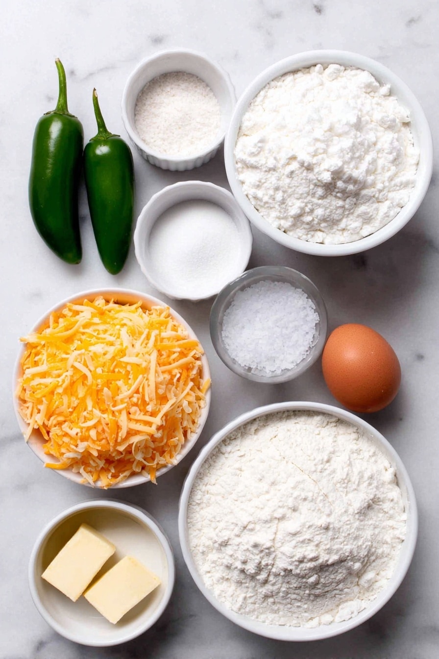 Jalapeno Cheddar Pretzel Twists Recipe 7 Flat lay of a small white ceramic bowl of warm water, a small white ceramic bowl with active dry yeast granules, a small white ceramic bowl with white sugar, a small white ceramic bowl with fine salt, a small heap of white all-purpose flour, two fresh green jalapeno peppers, a small white ceramic bowl filled with shredded sharp cheddar cheese, a small white ceramic bowl of very hot water, a small white ceramic bowl containing baking soda powder, one whole uncracked brown egg, a small white ceramic bowl with water, a small white ceramic bowl with melted golden butter, and a small white ceramic bowl containing coarse salt crystals placed on a clean white marble surface, soft natural light, photo taken with an iPhone, professional food photography style, fresh ingredients, white ceramic bowls, no bottles, no duplicates, no utensils, no packaging --ar 2:3 --v 7 --p m7354615311229779997 - Jalapeno Cheddar Pretzel Twists, spicy pretzels, cheese pretzels, homemade pretzels, savory snack recipes