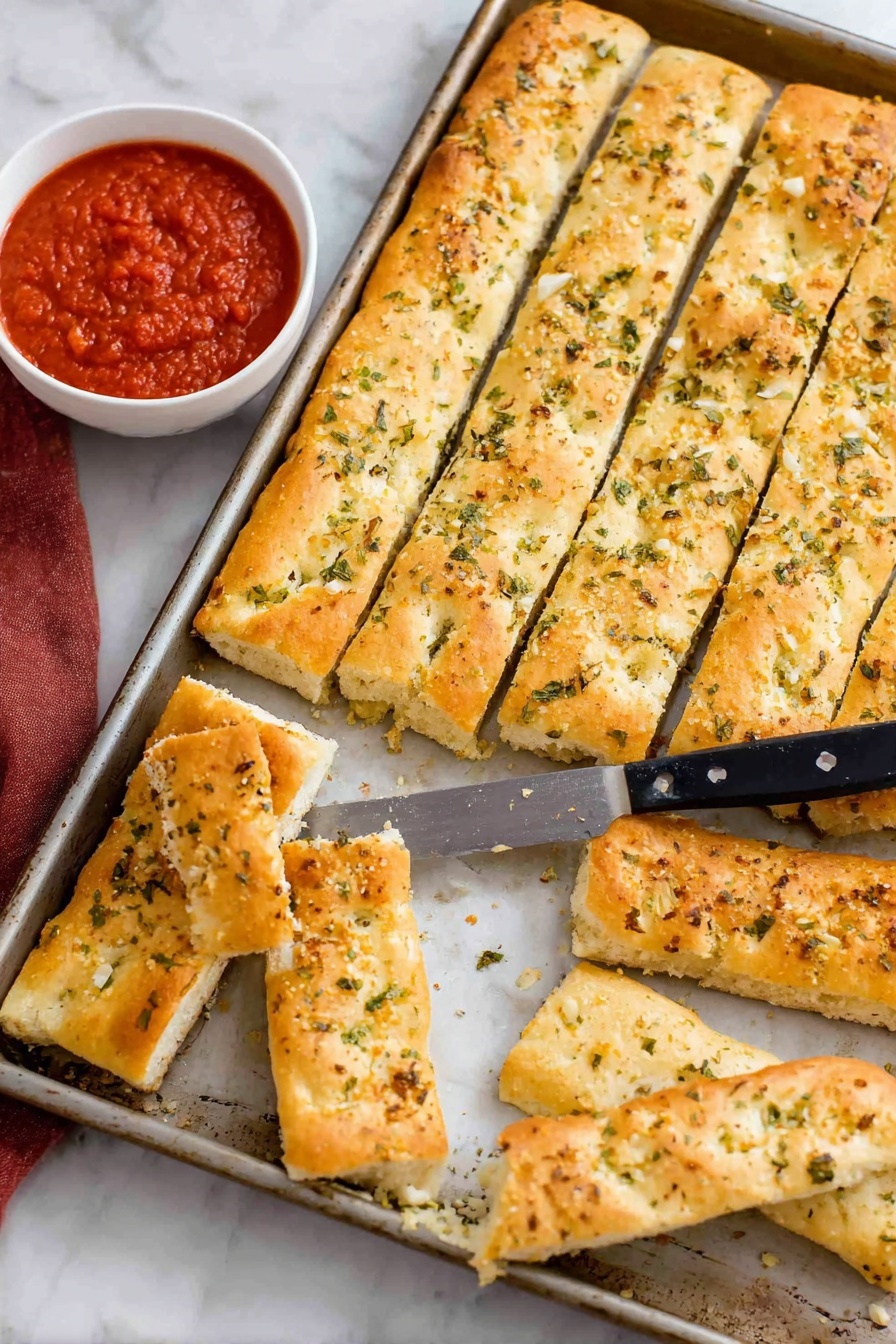 Copycat Pizza Hut Breadsticks Recipe 8 The image shows a metal baking tray filled with rectangular, golden-brown breadsticks, each sprinkled with green herbs and bits of garlic on top. The breadsticks are arranged in three rows inside the tray, and a few pieces are placed outside the tray on a white marbled surface. A knife with a black handle rests on the breadsticks inside the tray. Next to the tray, there is a white bowl filled with red marinara sauce, with one breadstick partially dipped in it. The breadsticks look soft inside and slightly crispy on the outside. Photo taken with an iphone --ar 2:3 --v 7 - Copycat Pizza Hut Breadsticks, homemade breadsticks, garlic butter breadsticks, soft cheesy breadsticks, easy breadstick recipe