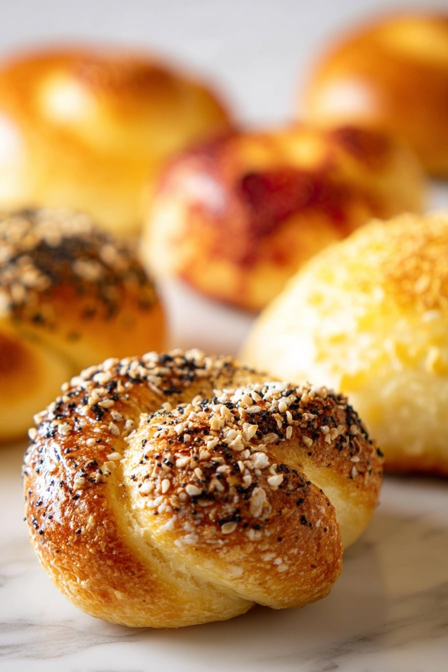 Best Homemade Pretzel Twists with Toppings Recipe 6 A close-up photo shows a group of five small bread rolls on a white marbled surface, each with a different topping or texture. The closest roll on the left is twisted and covered with a mix of black and white seeds, and some brown bits on a shiny golden crust. To its right, there is a round roll with a creamy yellow topping that looks soft and smooth. Behind these, another round roll is coated in a darker brown powder. In the blurry background, two more rolls can be seen, one with a shiny yellow topping and another with a slightly twisted shape. The light highlights the shiny golden brown crust of each roll, giving a fresh baked look. photo taken with an iphone --ar 2:3 --v 7 - Best Homemade Pretzel Twists with Toppings, homemade pretzel twists, soft pretzel twists recipe, pretzel snack ideas, easy pretzel toppings