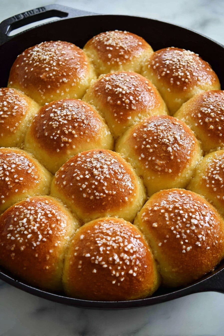 Pull-Apart Pretzel Rolls Recipe 6 The image shows a black cast iron pan filled with fifteen round bread rolls arranged tightly in a 4-4-4-3 pattern. Each roll has a golden brown top with a shiny texture, sprinkled evenly with coarse white salt crystals. The rolls are softly touching each other and have a slightly cracked surface around the edges, showing a soft inner texture. The pan sits on a white marbled surface, and the overall look is warm and fresh, highlighting the bread’s crisp tops and soft sides. Photo taken with an iphone --ar 2:3 --v 7 - Pull-Apart Pretzel Rolls, Pretzel Rolls Recipe, Easy Pretzel Bread, Chewy Pretzel Rolls, Homemade Pretzel Rolls