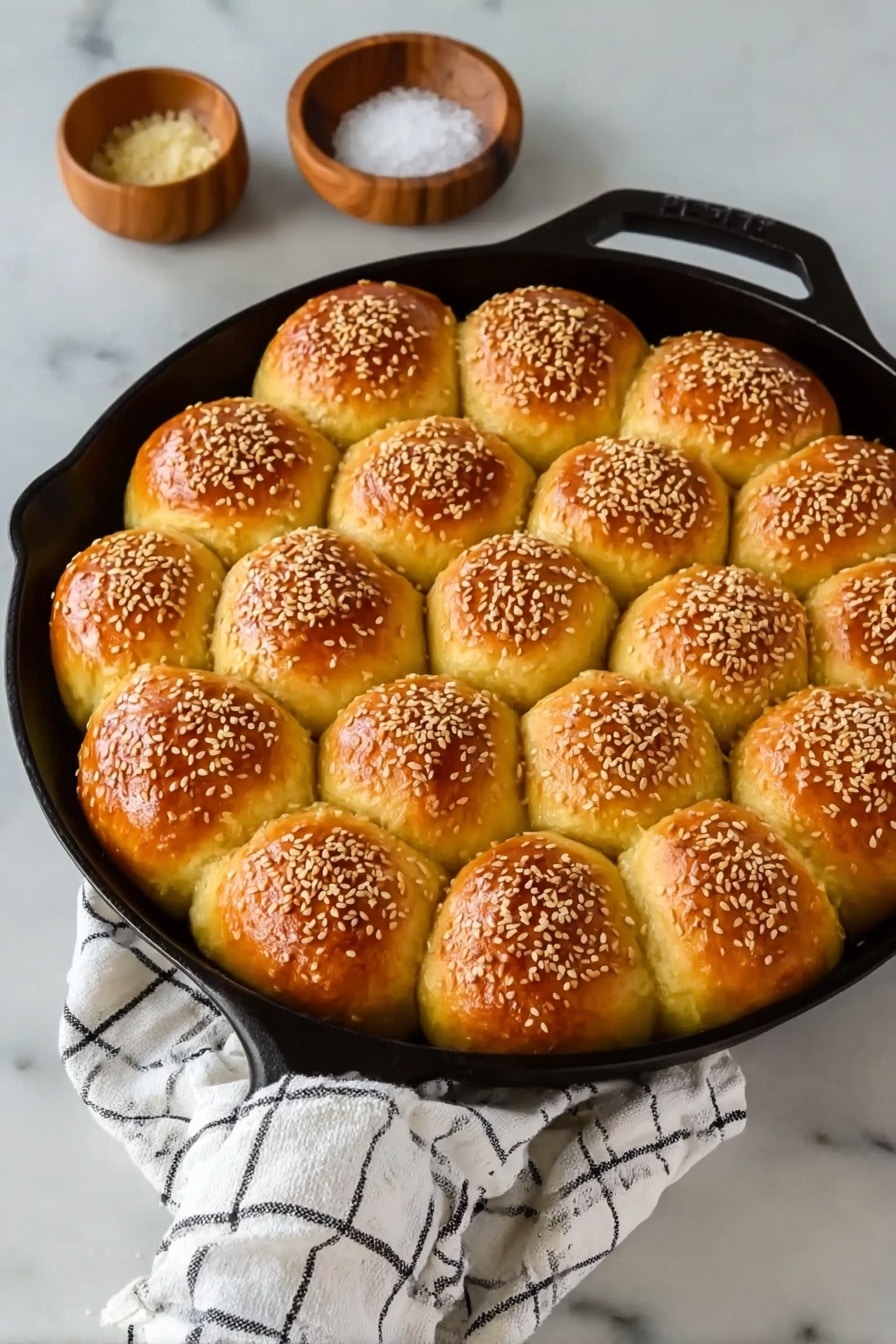 Pull-Apart Pretzel Rolls Recipe 8 A black cast iron skillet filled with fifteen golden brown dinner rolls, each topped with shiny sesame seeds. The rolls are packed closely together in three layers: a middle layer of seven medium-sized rolls surrounded by a layer of seven slightly larger rolls, and a single small roll placed near the center, creating a flower-like pattern. The surface of the rolls looks soft and glossy, with a light crust and a smooth texture. The skillet sits on a white marbled surface with a white and black checkered cloth casually placed underneath the handle. Nearby, a small wooden bowl and a container of coarse salt are visible. photo taken with an iphone --ar 2:3 --v 7 - Pull-Apart Pretzel Rolls, Pretzel Rolls Recipe, Easy Pretzel Bread, Chewy Pretzel Rolls, Homemade Pretzel Rolls