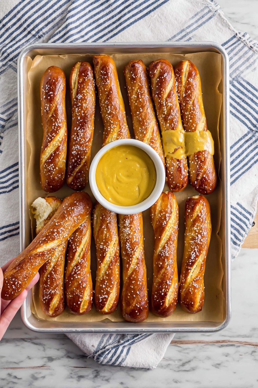 German Soft Pretzel Sticks Recipe 6 A metal tray lined with light brown parchment paper holds ten golden-brown pretzel sticks evenly placed in two rows of five. The pretzels have a slightly shiny surface sprinkled with coarse salt grains, showing a soft and smooth texture with some darker, crispy areas on top. In the center of the tray sits a small white bowl filled with bright yellow mustard. One pretzel stick is dipped into the mustard, held by a woman's hand, showing a close-up of the soft and crunchy bread. The tray is set on a white marbled texture with a white cloth having blue stripes underneath photo taken with an iphone --ar 2:3 --v 7 - German Soft Pretzel Sticks, soft pretzel sticks recipe, homemade pretzel sticks, salty pretzel snacks, chewy pretzel sticks