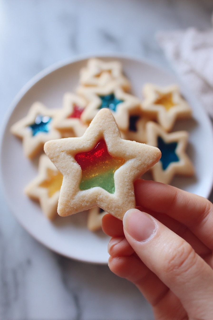 Stained Glass Cookies with Jolly Ranchers Recipe 8 A white plate holds a pile of star-shaped cookies with a smooth light beige outer layer. Each cookie has a smaller star-shaped window in the center filled with a shiny, translucent candy layer in bright colors like red, green, blue, and purple. The candy centers have a glossy texture with tiny bubbles inside them. The cookies are stacked neatly over a white marbled surface, showing off the contrast between the smooth cookie dough and the colorful candy in the middle. photo taken with an iphone --ar 2:3 --v 7 - Stained Glass Cookies with Jolly Ranchers, holiday stained glass cookies, colorful cookie ideas, easy holiday cookies, Christmas cookie decorations