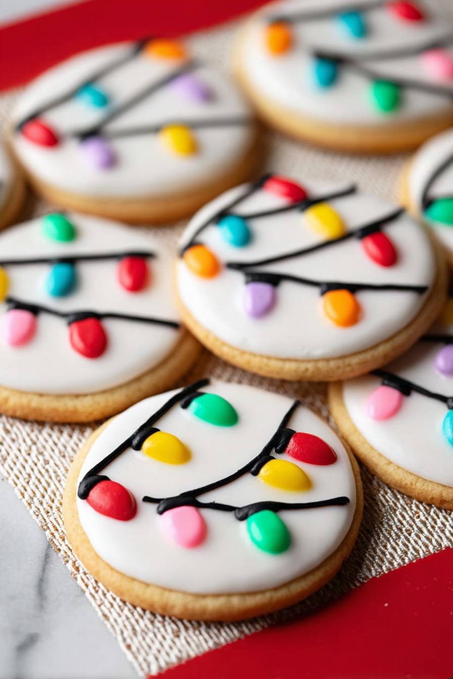 Christmas Lights Sugar Cookies Recipe 6 The image shows round cookies with a base layer of light golden dough. Each cookie is topped with a smooth white icing layer. On top of the white layer, there are three curved black lines crossing diagonally from the left bottom to the right top, resembling strings of lights. Along these lines, small colorful dollops of icing are placed, looking like light bulbs in red, orange, yellow, green, blue, and pink. The cookies are arranged closely on a textured white mat with a red border underneath. The background is a white marbled texture. photo taken with an iphone --ar 2:3 --v 7 - Christmas Lights Sugar Cookies, festive Christmas cookie recipe, holiday decorating cookies, colorful icing sugar cookies, easy Christmas cookie ideas