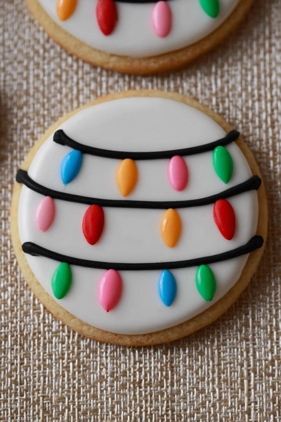 Christmas Lights Sugar Cookies Recipe 8 The image shows a round cookie with three layers: the base is a light golden-brown cookie, the second layer is smooth white icing covering the whole top of the cookie, and the third layer is thin black icing forming three curved lines across the cookie. Hanging from these black lines are small, colorful teardrop shapes made with icing in red, blue, green, pink, orange, and yellow, resembling string lights. The cookies rest on a beige woven fabric background. photo taken with an iphone --ar 2:3 --v 7 - Christmas Lights Sugar Cookies, festive Christmas cookie recipe, holiday decorating cookies, colorful icing sugar cookies, easy Christmas cookie ideas