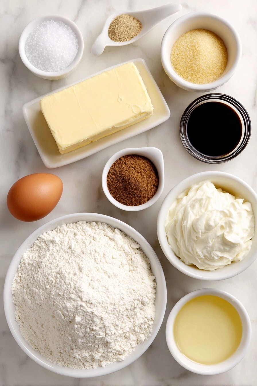 Gingerbread Snowflake Cookies Recipe 7 Flat lay of a stick of softened butter, a small mound of granulated sugar on a simple white ceramic plate, a small white bowl filled with dark amber molasses, a single whole uncracked brown egg, a small white bowl of clear vanilla extract, a neat pile of white all-purpose flour, a small white bowl holding golden ground ginger, another small white bowl with warm brown ground cinnamon, a small white bowl containing pale baking soda powder, a small white bowl with fine allspice powder, a pinch of salt on a white ceramic spoon-shaped dish, a small white bowl with pure white powdered sugar, a small white bowl filled with fresh cream, and a small white bowl containing light golden corn syrup — all perfectly arranged with balanced spacing and symmetry, placed on a clean white marble surface, soft natural light, photo taken with an iPhone, professional food photography style, fresh ingredients, white ceramic bowls, no bottles, no duplicates, no utensils, no packaging --ar 2:3 --v 7 --p m7354615311229779997 - Gingerbread Snowflake Cookies, holiday gingerbread cookies, festive cookie recipes, Christmas decorated cookies, winter holiday treats
