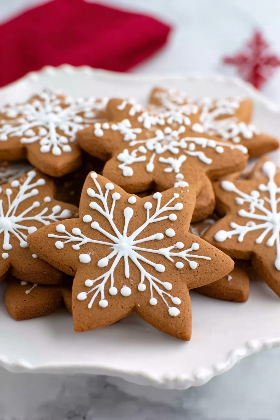 Gingerbread Snowflake Cookies Recipe 8 The image shows several star-shaped gingerbread cookies stacked on a white plate with scalloped edges, placed on a surface with a white marbled texture. Each cookie has one layer, colored brown with smooth textures, and is decorated with detailed white icing in the shape of snowflakes, with dots and lines that create a festive pattern. The background has a soft blur with shades of red. Photo taken with an iphone --ar 2:3 --v 7 - Gingerbread Snowflake Cookies, holiday gingerbread cookies, festive cookie recipes, Christmas decorated cookies, winter holiday treats