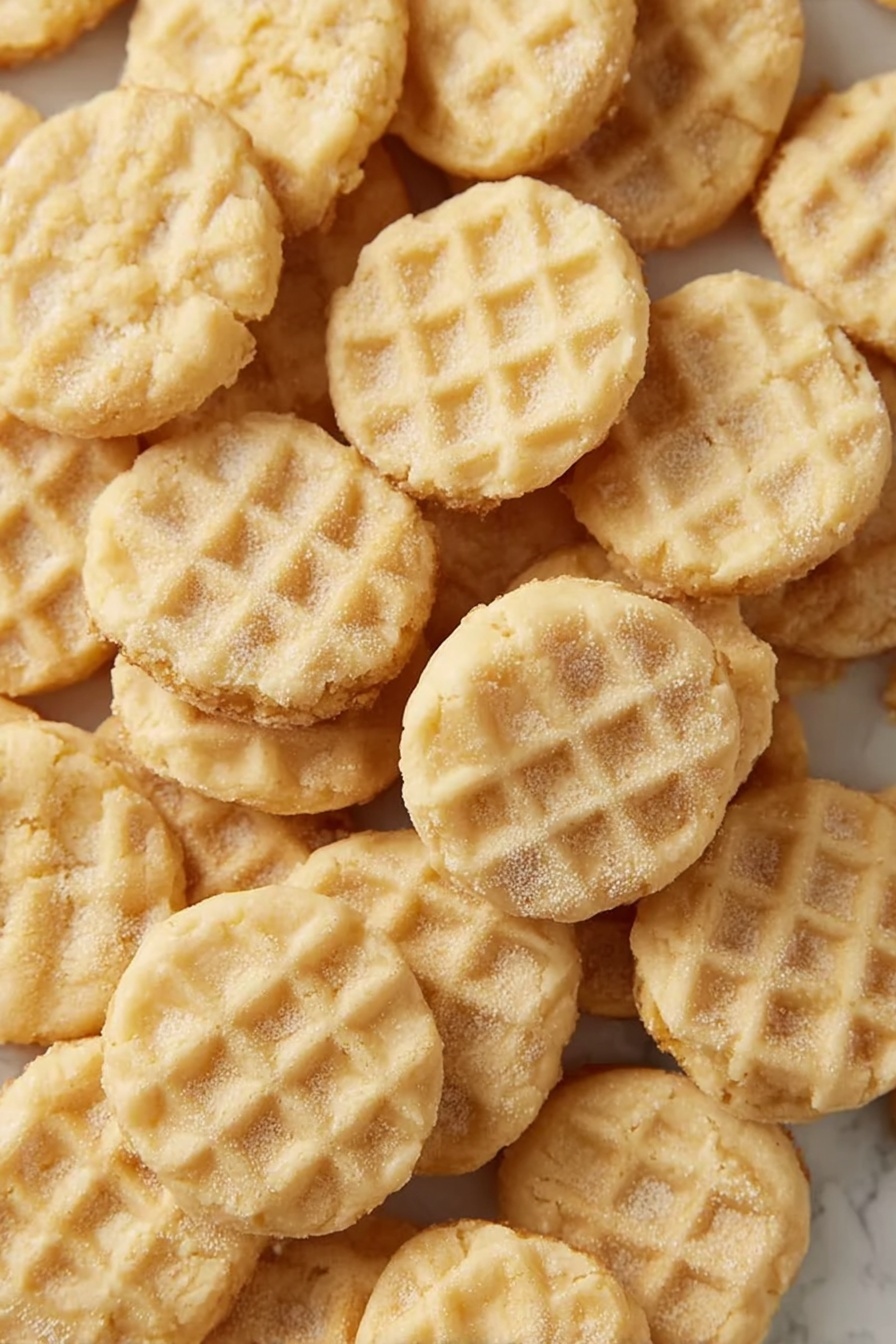 Mini Sugar Cookies Recipe 6 The image shows many small, round cookies with a light golden color scattered close together. Each cookie has a soft texture and a crisscross pattern on top, giving them a waffle-like look. The cookies appear slightly powdery, suggesting a light dusting of sugar or flour on their surface. They vary a bit in thickness, and a few have small bites taken out, showing a tender, crumbly inside. They are placed on a white marbled surface, filling almost the entire frame. photo taken with an iphone --ar 2:3 --v 7 - Mini Sugar Cookies, Easy Mini Sugar Cookies, Soft Sugar Cookies, Bite-sized Sugar Cookies, Homemade Mini Cookies