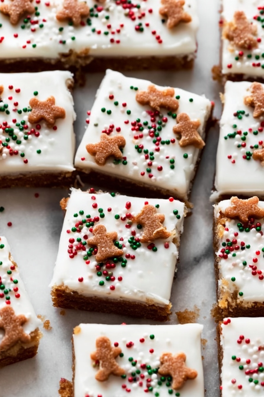 Gingerbread Cookie Bars with Cream Cheese Frosting Recipe 6 The image shows a close-up of nine square cake pieces placed closely together on a white marbled surface. Each piece has one thick layer of smooth white frosting on top, decorated with small red, green, and white round sprinkles, along with light brown gingerbread man-shaped sprinkles scattered unevenly across the surface. The cake under the frosting is a light brown color with a soft texture. The edges where the pieces meet show slight gaps and uneven cuts. The overall look is festive and inviting with a mix of smooth and textured elements in a grid pattern. photo taken with an iphone --ar 2:3 --v 7 - Gingerbread Cookie Bars with Cream Cheese Frosting, gingerbread dessert, holiday cookie bars, spicy gingerbread bars, easy gingerbread treats