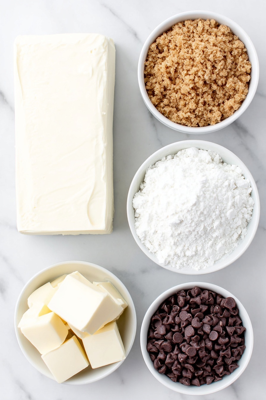 No-Bake Cheesecake Bites with Chocolate Recipe 7 Flat lay of a block of cream cheese, a few pats of softened butter, a small white bowl filled with crushed graham cracker crumbs, a simple white bowl heaped with powdered sugar, and a white bowl with shiny dark chocolate chips, all arranged in perfect symmetry on a clean white marble surface, soft natural light, photo taken with an iPhone, professional food photography style, fresh ingredients, white ceramic bowls, no bottles, no duplicates, no utensils, no packaging --ar 2:3 --v 7 --p m7354615311229779997 - No-Bake Cheesecake Bites with Chocolate, no-bake cheesecake bites, chocolate cheesecake balls, easy no-bake desserts, creamy chocolate cheesecake