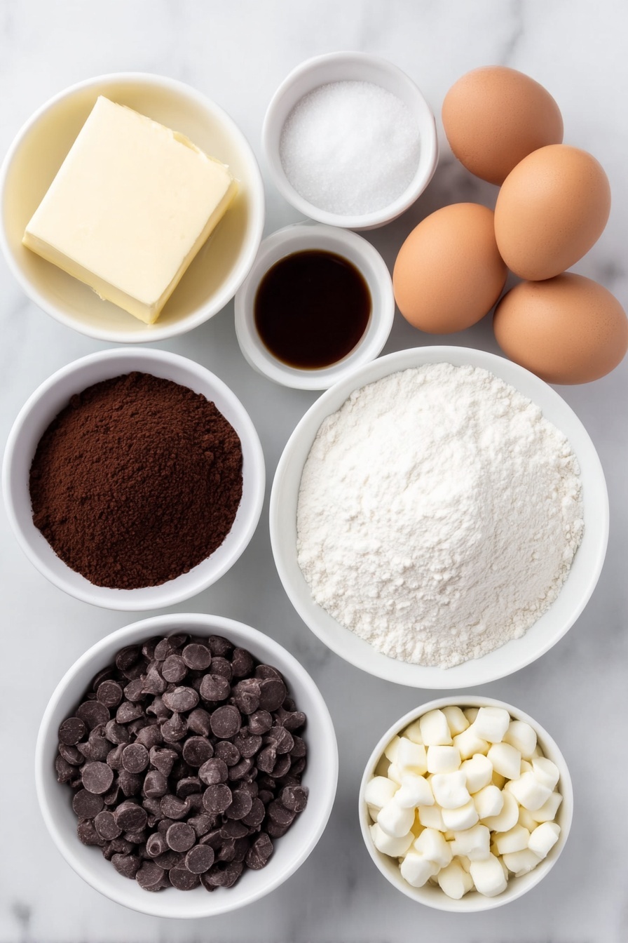 Hot Chocolate Cookies Recipe 7 Flat lay of a small white ceramic bowl of softened pale yellow butter, a small white bowl filled with granulated white sugar, a small white bowl with packed rich brown sugar, two whole brown eggs with smooth shells, a small white bowl of clear vanilla extract, a simple white bowl heaped with all-purpose flour, a small white bowl containing dark brown instant hot cocoa powder, a small white bowl of deep brown baking cocoa powder, a small white bowl with fine white salt crystals, a small white bowl of pale off-white baking soda powder, a small white bowl of pale baking powder, a small white bowl filled with plump vanilla marshmallow bits, and a small white bowl holding shiny dark brown semisweet chocolate chips, arranged with perfect symmetry and balanced proportions, placed on a clean white marble surface, soft natural light, photo taken with an iPhone, professional food photography style, fresh ingredients, white ceramic bowls, no bottles, no duplicates, no utensils, no packaging --ar 2:3 --v 7 --p m7354615311229779997 - Hot Chocolate Cookies, hot chocolate cookies recipe, cozy chocolate cookies, marshmallow cookies, easy hot cocoa cookies