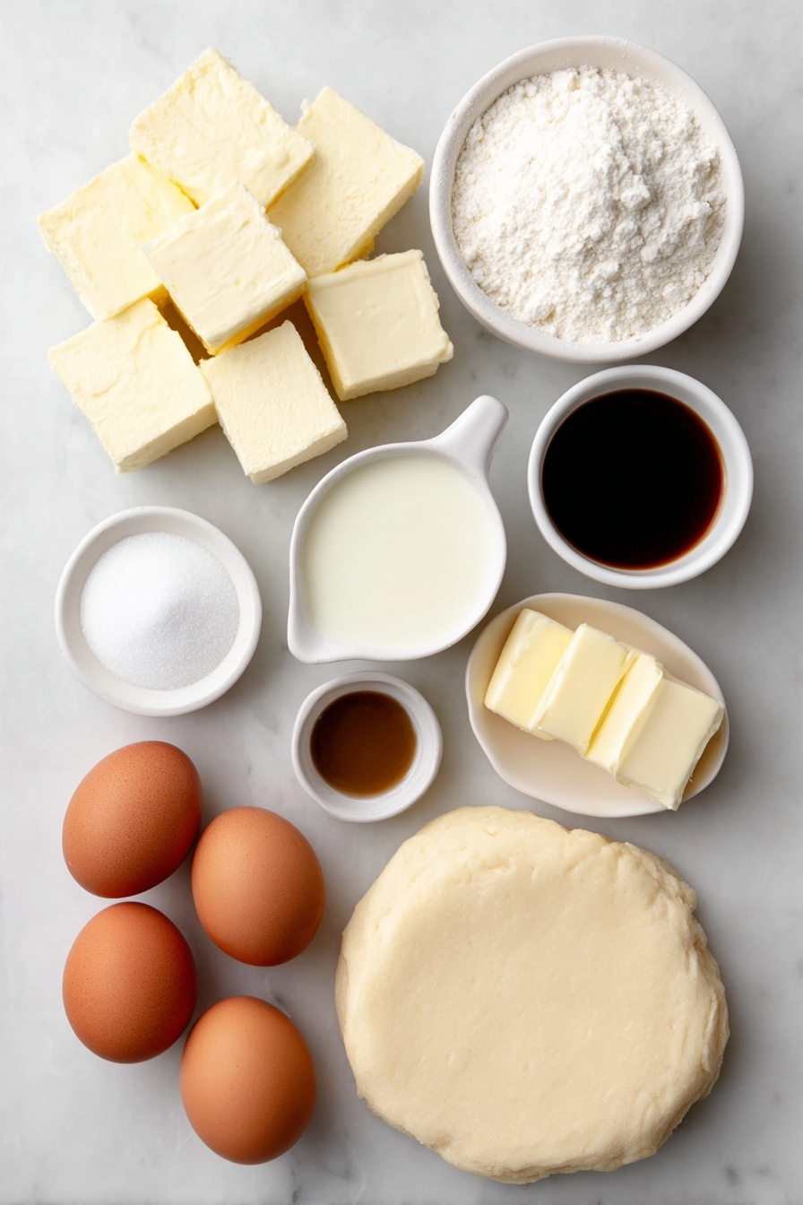 Delicious Bread Pudding Pie Recipe 7 Flat lay of fresh cubed white bread, two whole uncracked brown eggs, a small white ceramic bowl of milk, a small white ceramic bowl of granulated sugar, a small white ceramic bowl of vanilla extract, a small white ceramic bowl of ground nutmeg, two small pats of butter, and a simple round disc of rolled pie dough, all arranged symmetrically on a clean white marble surface, soft natural light, photo taken with an iPhone, professional food photography style, fresh ingredients, white ceramic bowls, no bottles, no duplicates, no utensils, no packaging --ar 2:3 --v 7 --p m7354615311229779997 - Delicious Bread Pudding Pie, bread pudding dessert, comforting pie recipe, easy bread pudding, custard pie recipe