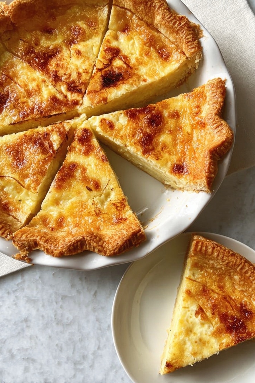 Delicious Bread Pudding Pie Recipe 6 A golden pie with a flaky crust is cut into several triangular slices arranged in a white pie dish. The top layer shows a slightly browned, creamy filling with a smooth texture and some bubbly spots. One slice is placed separately on a white plate beside the pie. The whole setup rests on a white marbled surface. photo taken with an iphone --ar 2:3 --v 7 - Delicious Bread Pudding Pie, bread pudding dessert, comforting pie recipe, easy bread pudding, custard pie recipe